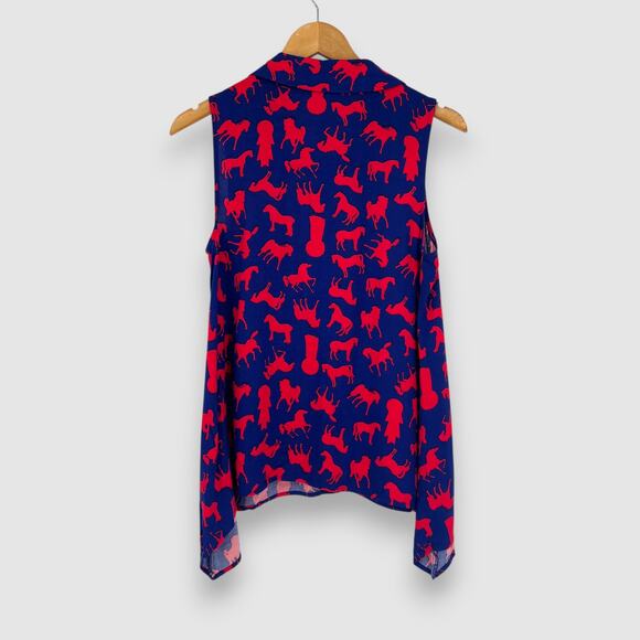 ModCloth Blue & Red Horse Print Sleeveless Blouse Size S - Picture 2 of 5